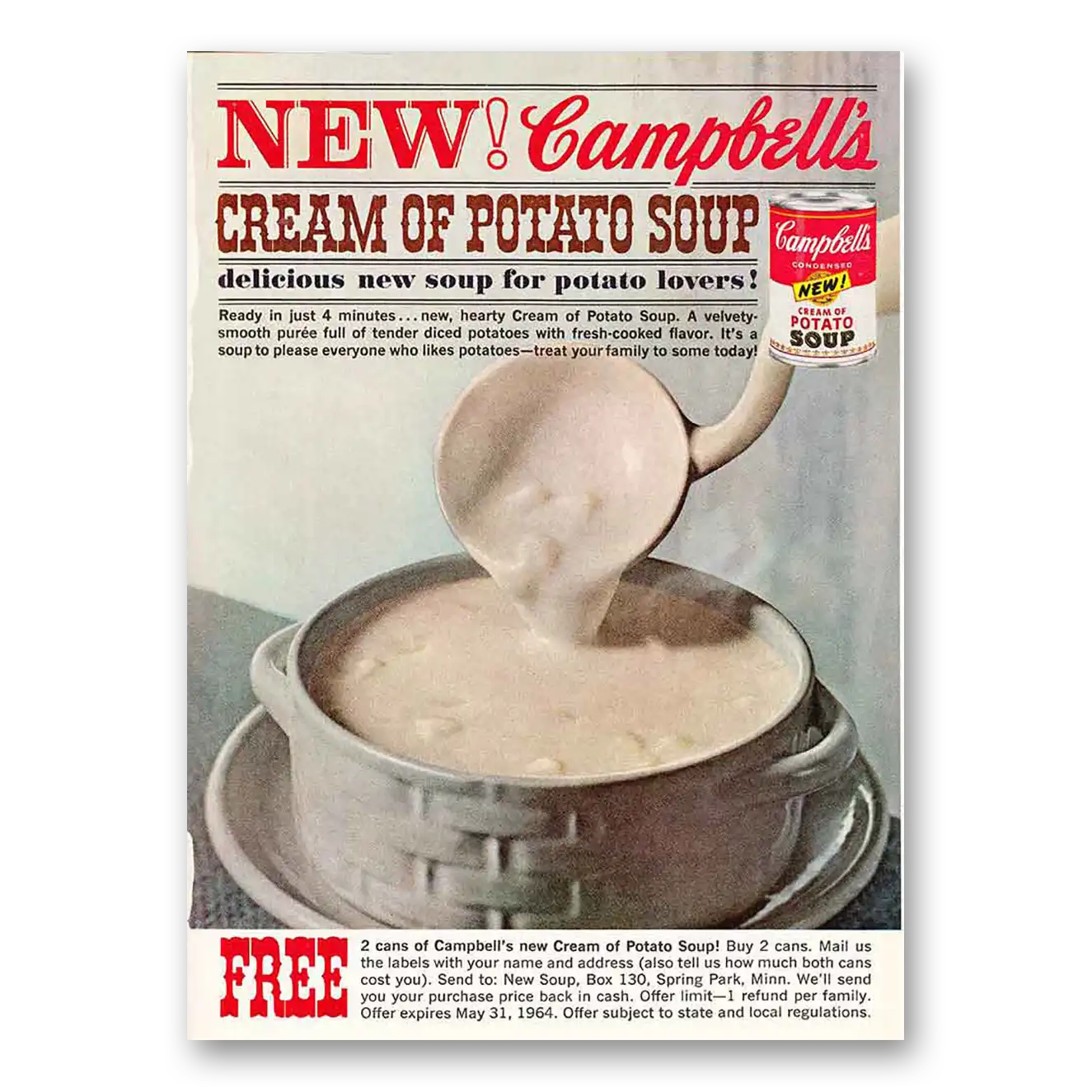 1964 Campbells Cream of Potato Soup Delicious New Soup Vintage Magazine Print Ad