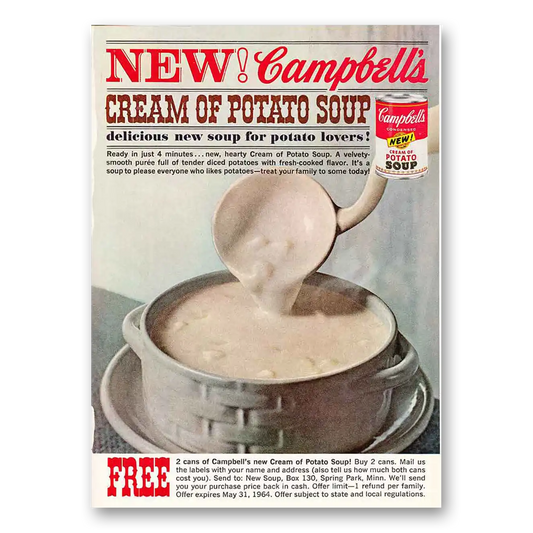 1964 Campbells Cream of Potato Soup Delicious New Soup Vintage Magazine Print Ad