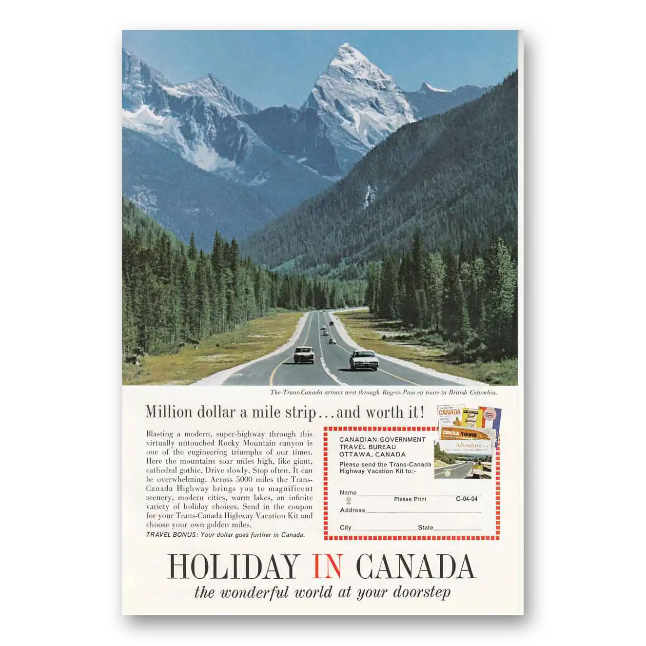 1964 Canada Million Dollar a Mile Strip Rogers Pass Vintage Magazine Print Ad