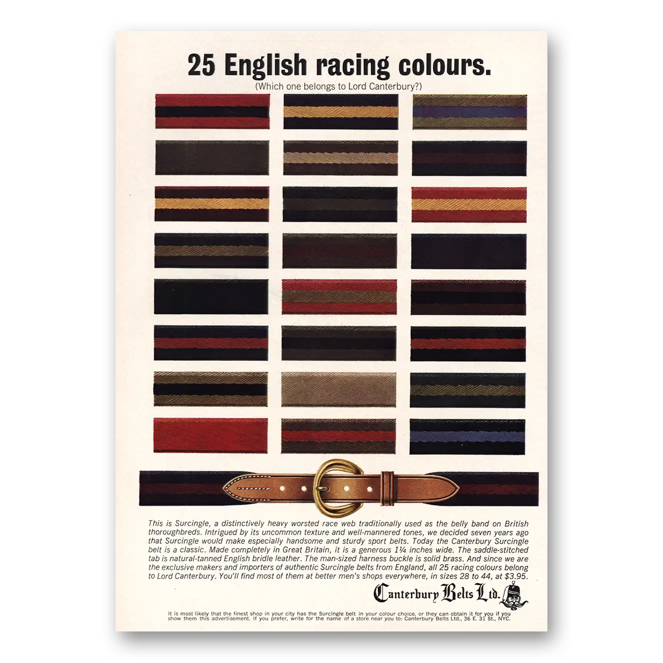 1964 Canterbury Belts 25 English Racing Colours Vintage Magazine Print Ad