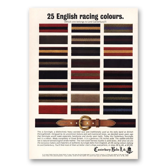 1964 Canterbury Belts 25 English Racing Colours Vintage Magazine Print Ad