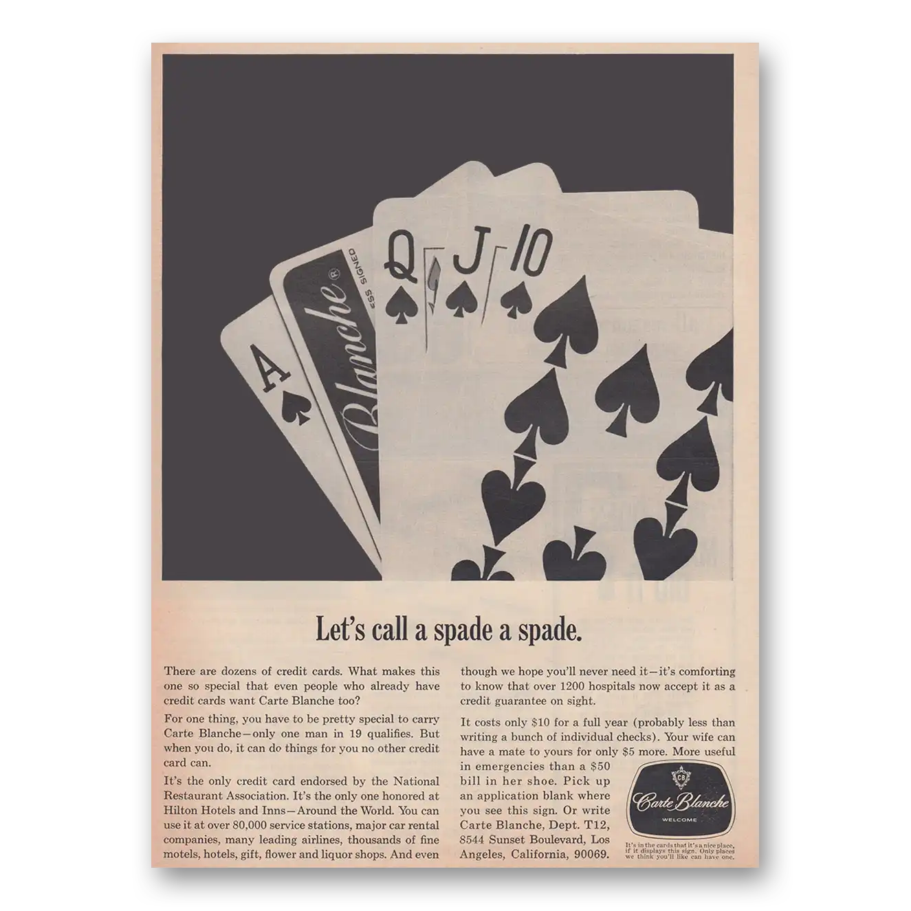 1964 Carte Blanche Credit Card Lets Call a Spade a Spade Vintage Magazine Print Ad