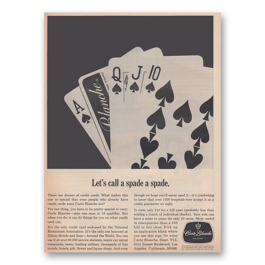 1964 Carte Blanche Credit Card Lets Call a Spade a Spade Vintage Magazine Print Ad