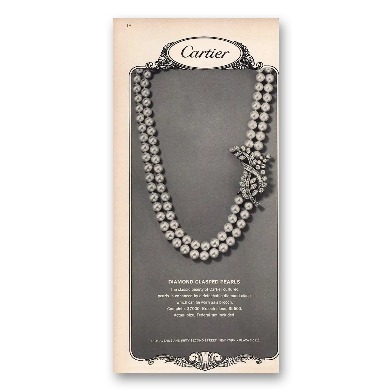 1964 Cartier Diamond Clasped Pearls Vintage Magazine Print Ad