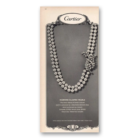 1964 Cartier Diamond Clasped Pearls Vintage Magazine Print Ad