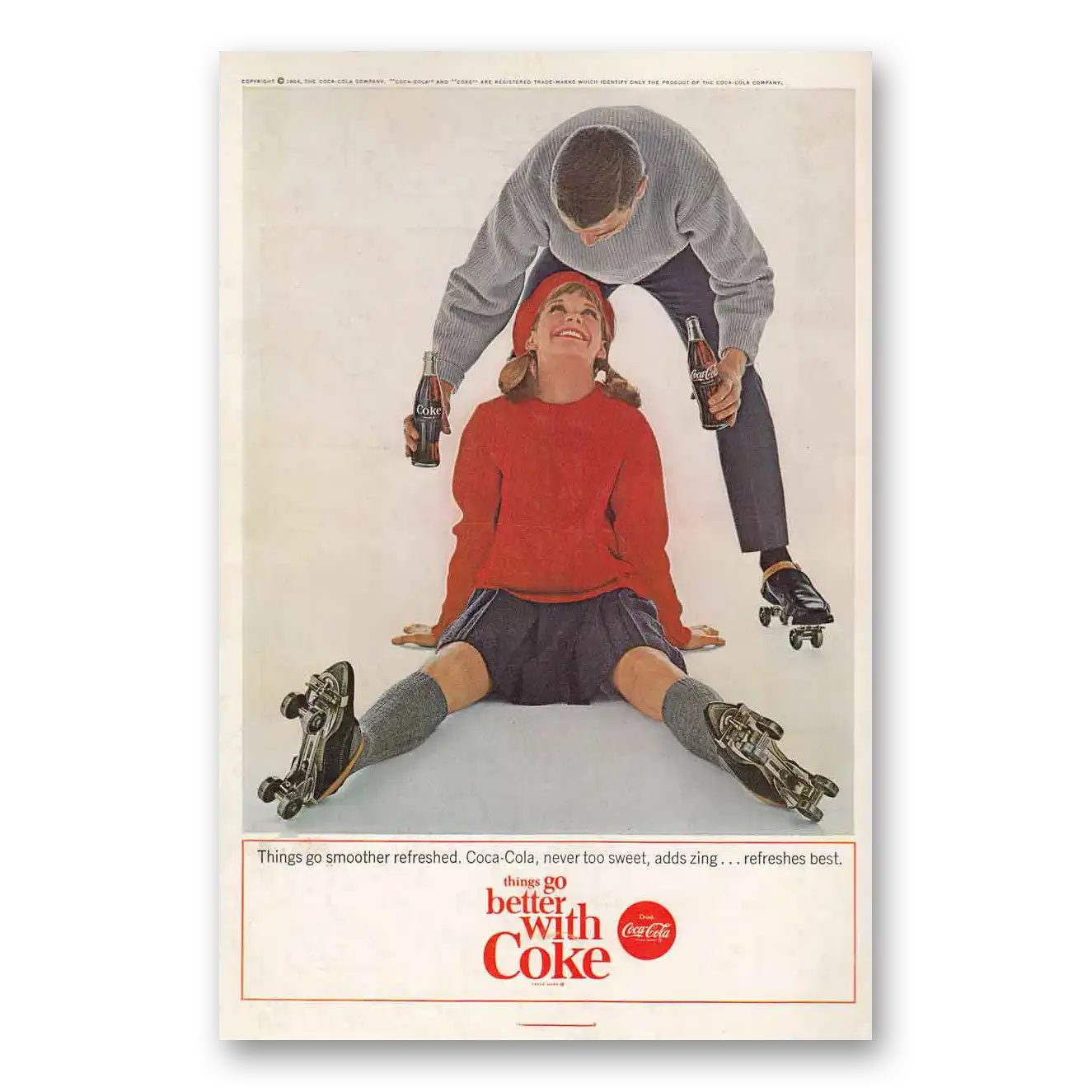 1964 Coca Cola Things Go Smoother Roller Skating Vintage Magazine Print Ad