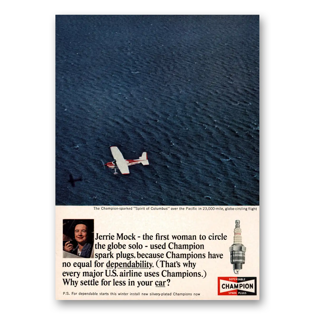 1964 Champion Spark Plugs Jerrie Mock First Woman Circle the Globe Vintage Magazine Print Ad