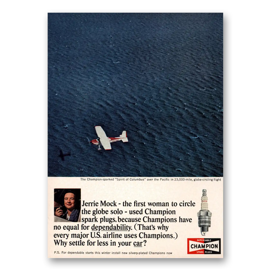 1964 Champion Spark Plugs Jerrie Mock First Woman Circle the Globe Vintage Magazine Print Ad