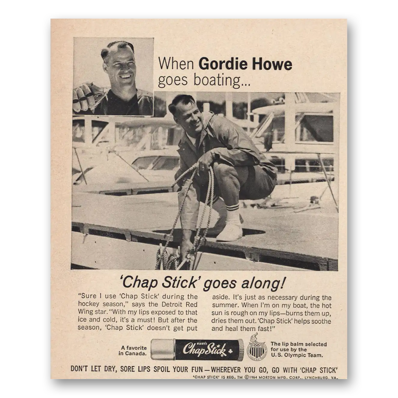 1964 Chap Stick Gordie Howe Goes Boating Vintage Magazine Print Ad