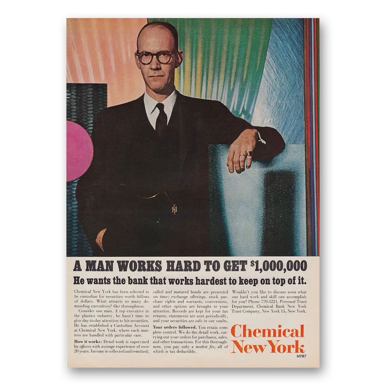 1964 Chemical New York Man Works Hard Vintage Magazine Print Ad