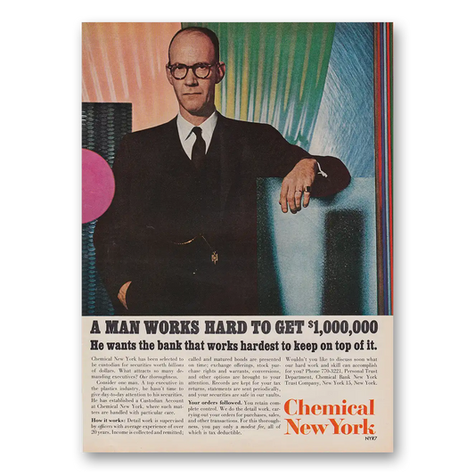 1964 Chemical New York Man Works Hard Vintage Magazine Print Ad