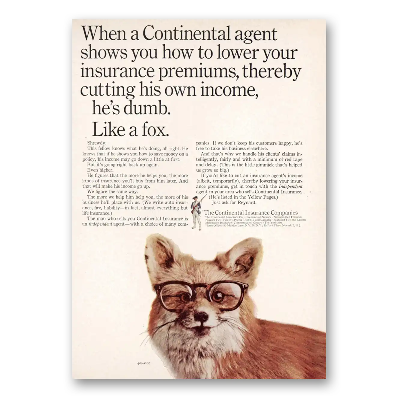 1964 Continental Insurance Dumb Like a Fox Vintage Magazine Print Ad