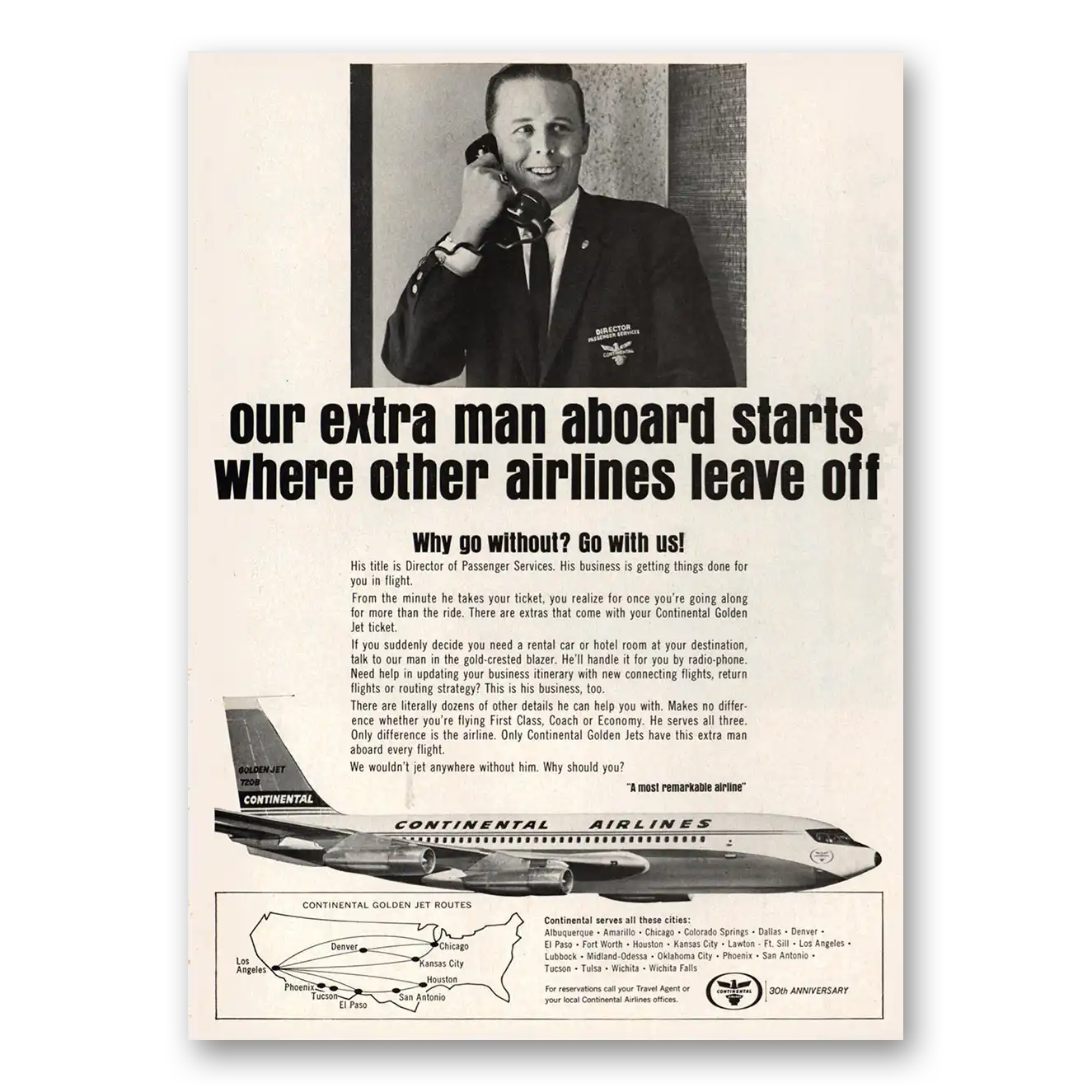 1964 Continental Airlines Our Extra Man Aboard Vintage Magazine Print Ad