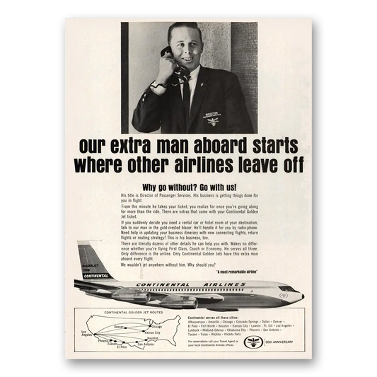 1964 Continental Airlines Our Extra Man Aboard Vintage Magazine Print Ad