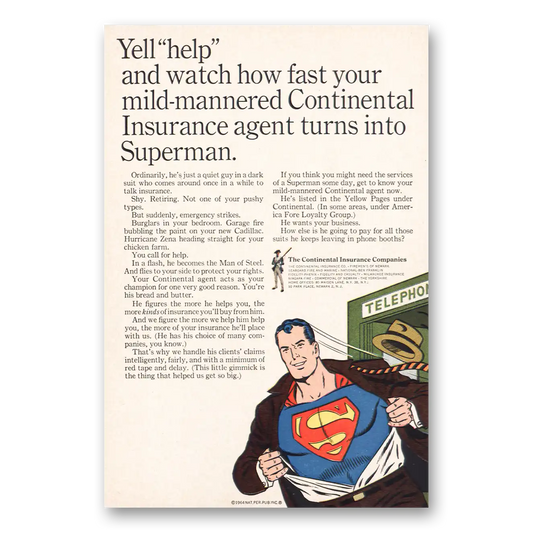 1964 Continental Insurance Yell Help Superman Vintage Magazine Print Ad