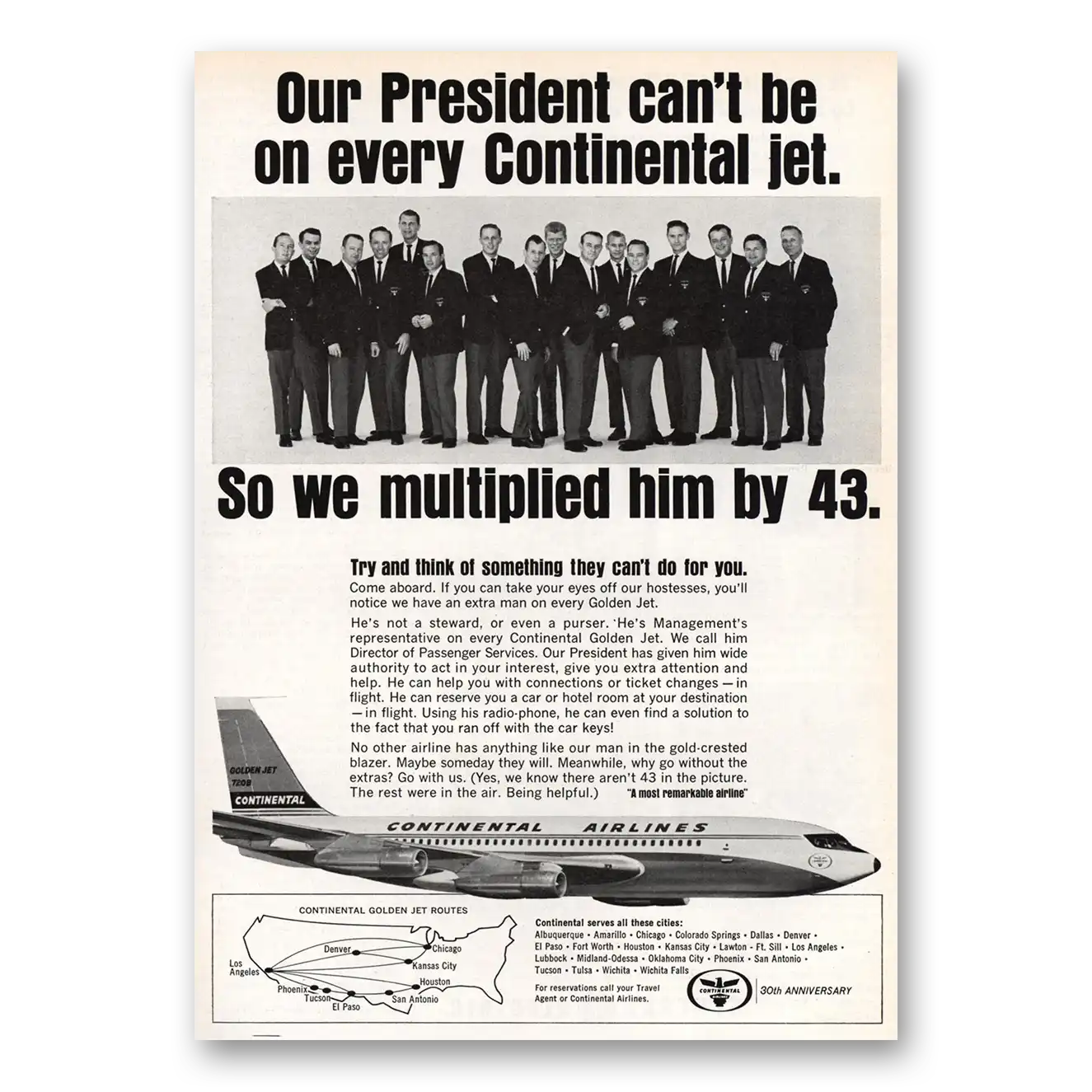 1964 Continental Airlines President Can't Be On Every Vintage Magazine Print Ad