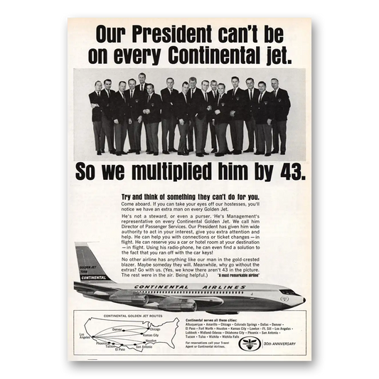 1964 Continental Airlines President Can't Be On Every Vintage Magazine Print Ad