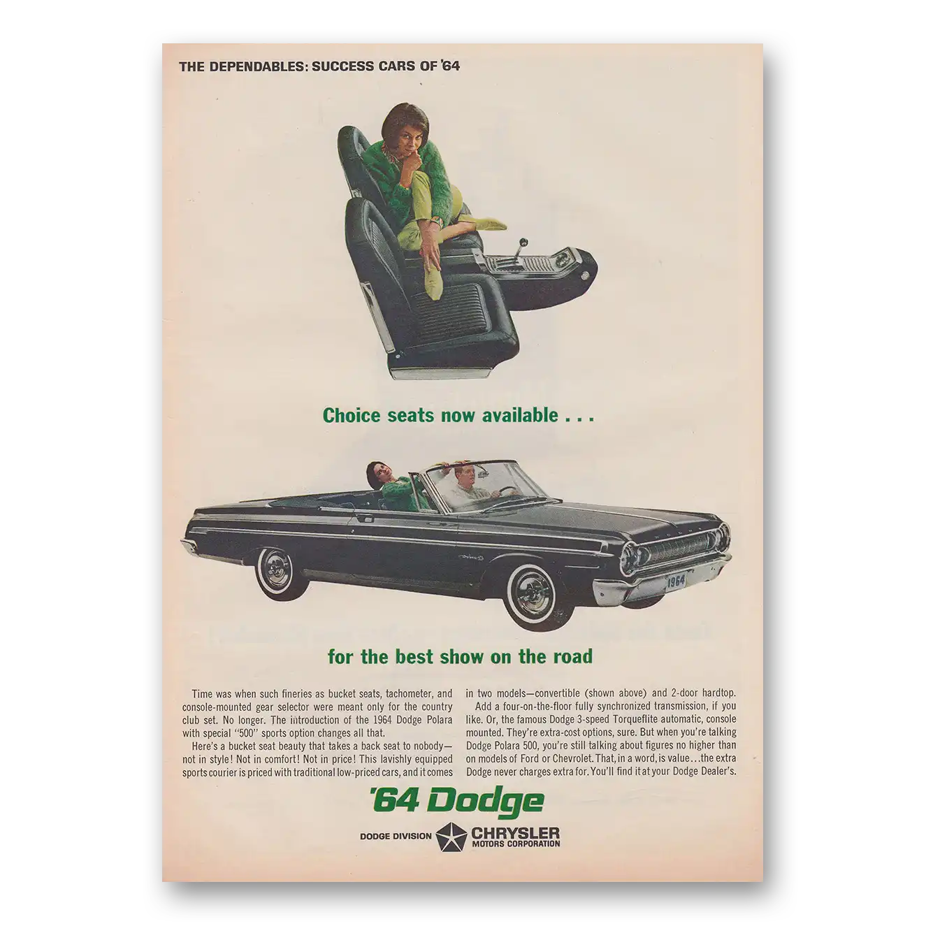 1964 Dodge Choice Seats Now Available for the Best Show on the Road Vintage Magazine Print Ad