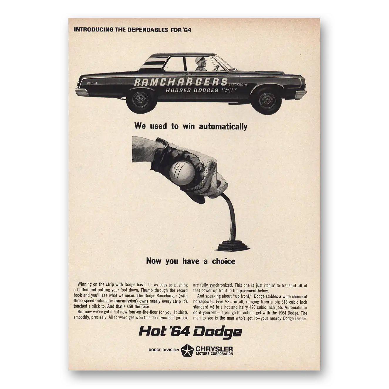 1964 Dodge We Used To Win Automatically Ram Chargers Vintage Magazine Print Ad