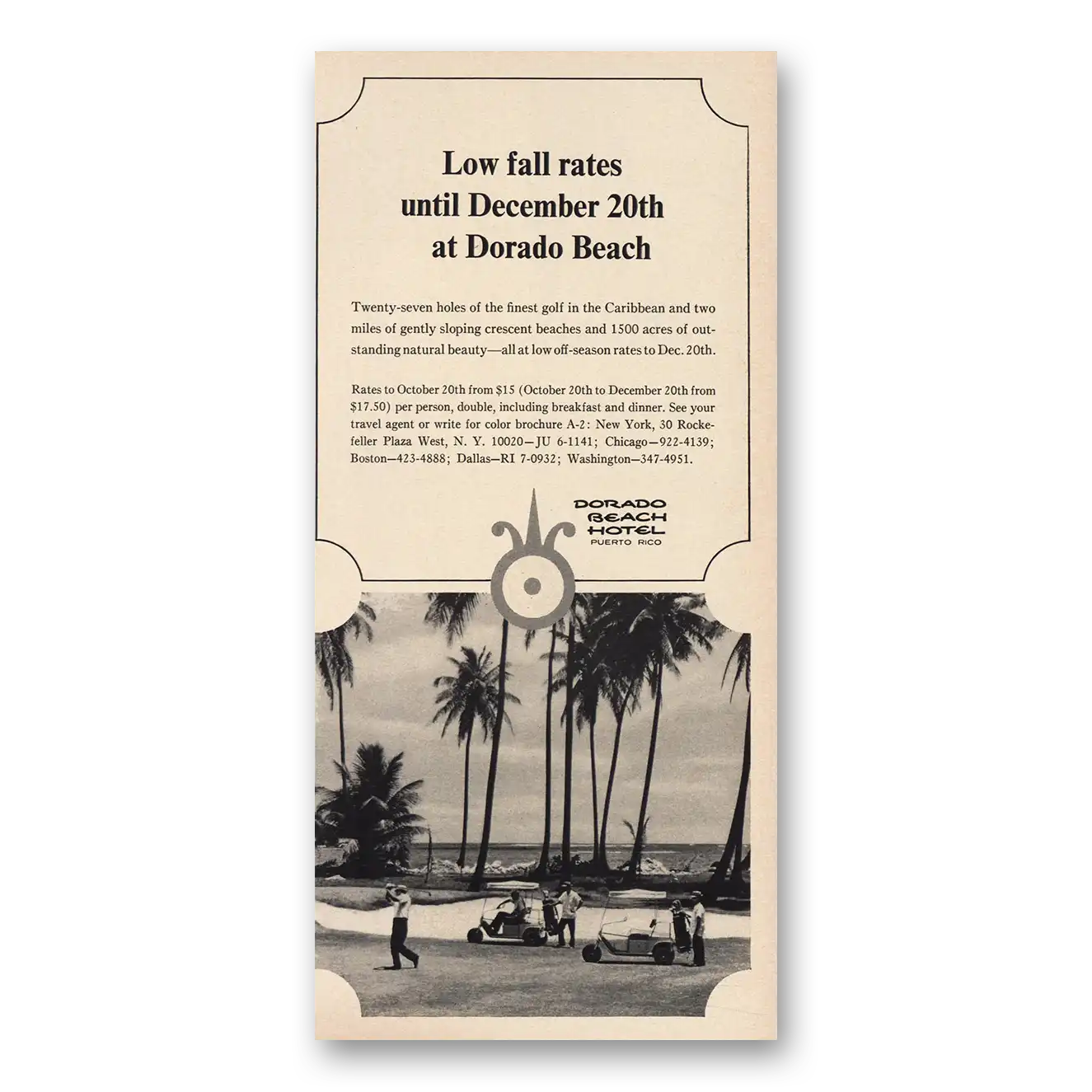 1964 Dorado Beach Hotel Low Fall Rates Vintage Magazine Print Ad