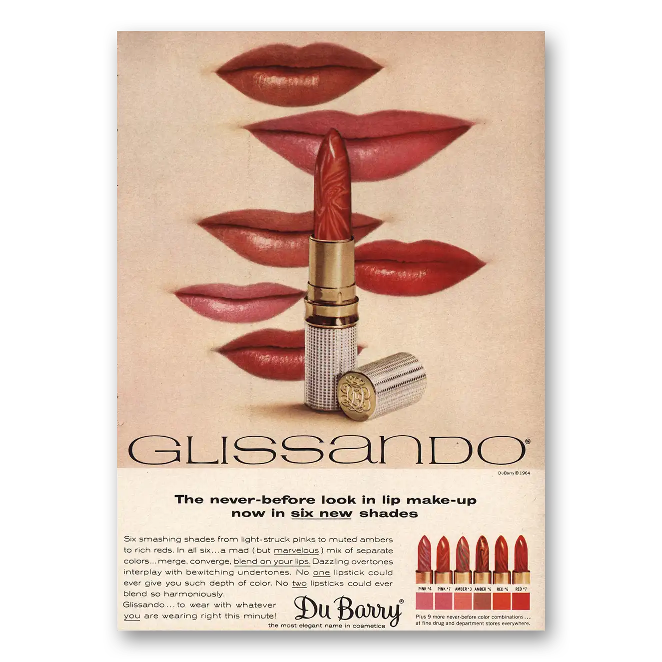 1964 DuBarry Beauty Glissando Lip Make Up Vintage Magazine Print Ad