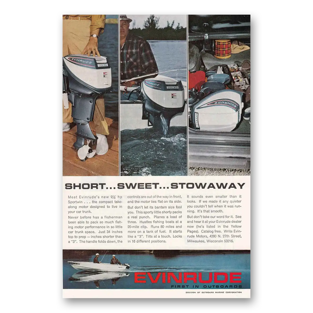 1964 Evinrude Short Sweet Stowaway Vintage Magazine Print Ad