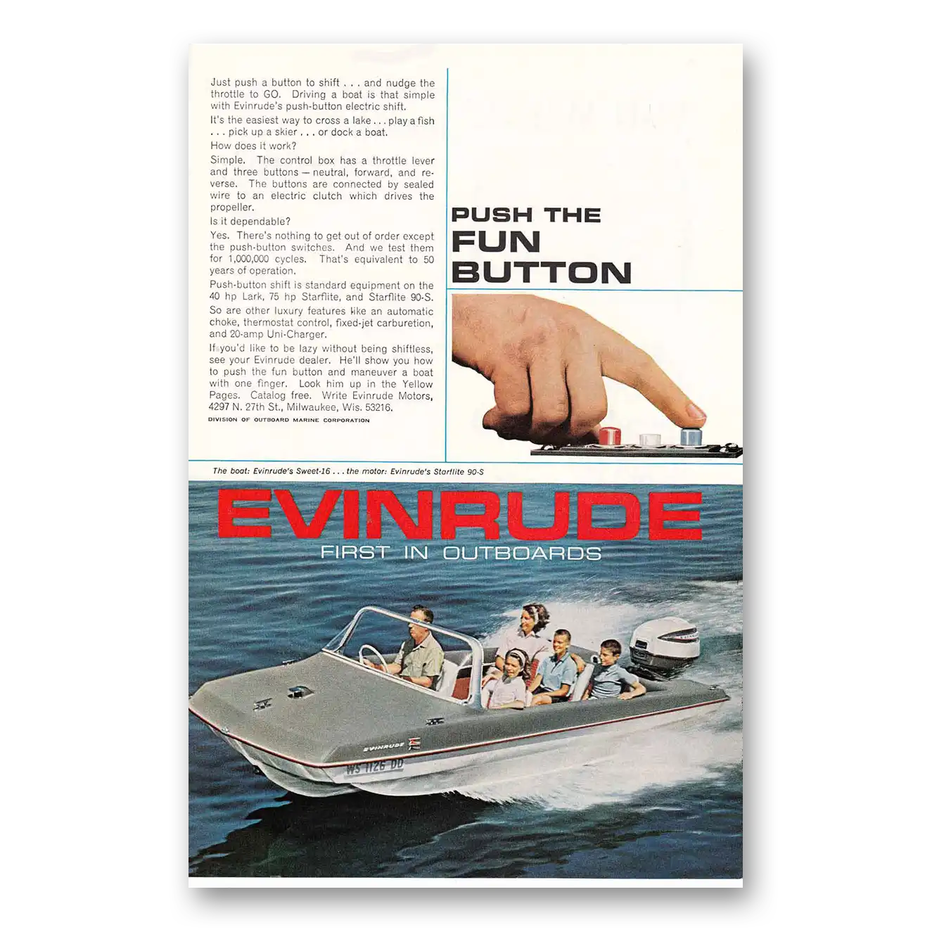 1964 Evinrude Push the Fun button Vintage Magazine Print Ad