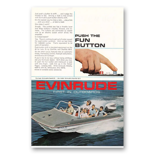 1964 Evinrude Push the Fun button Vintage Magazine Print Ad