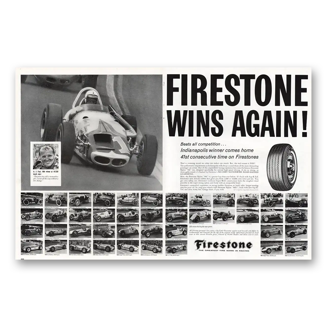 1964 Firestone Tires Wins Again AJ Foyt Vintage Magazine Print Ad