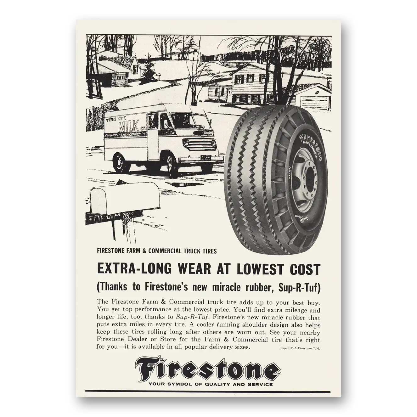 1964 Firestone Tires Extra Long Wear Lowest Cost Vintage Magazine Print Ad