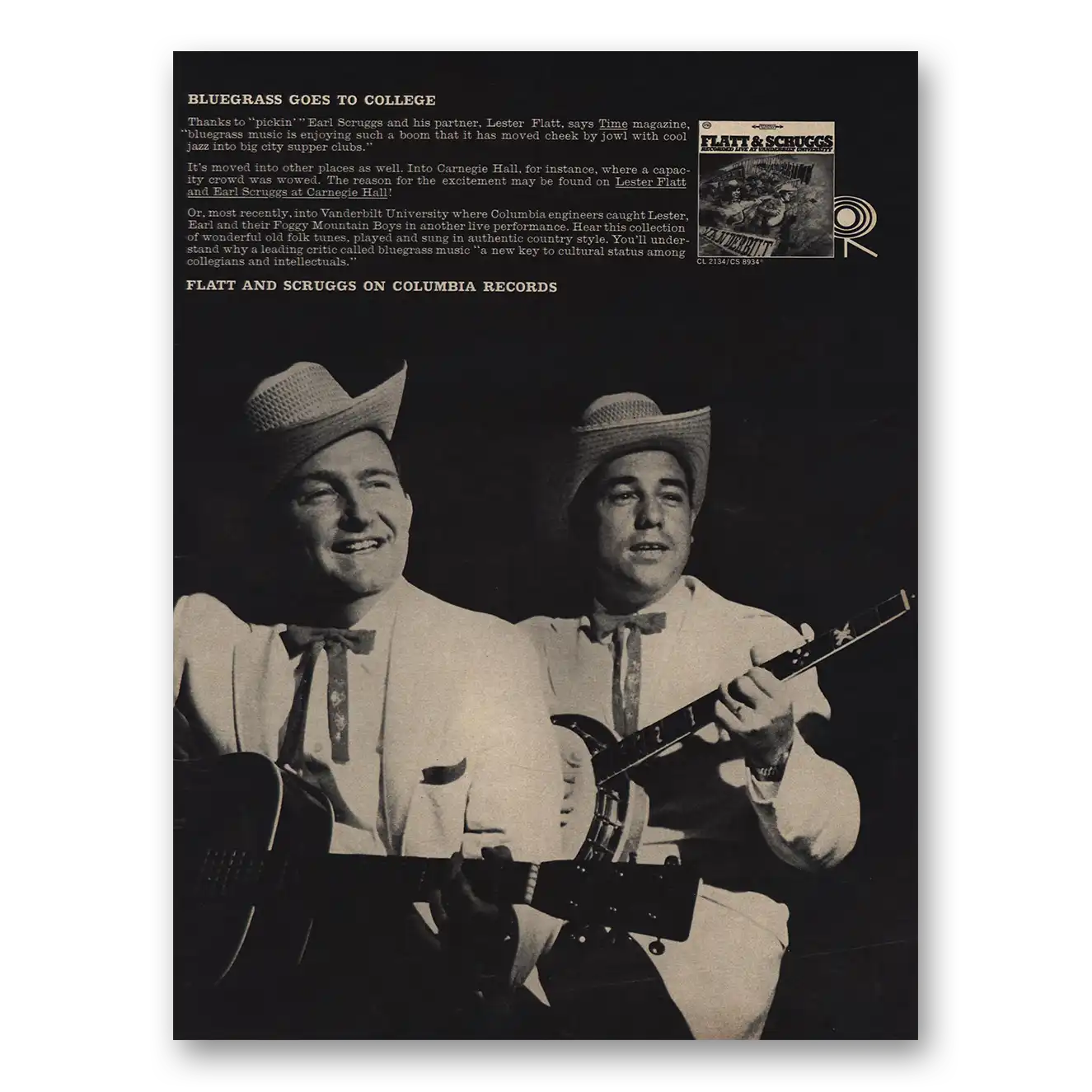 1964 Flatt and Scruggs Promo Bluegrass Goes to College Vintage Magazine Print Ad