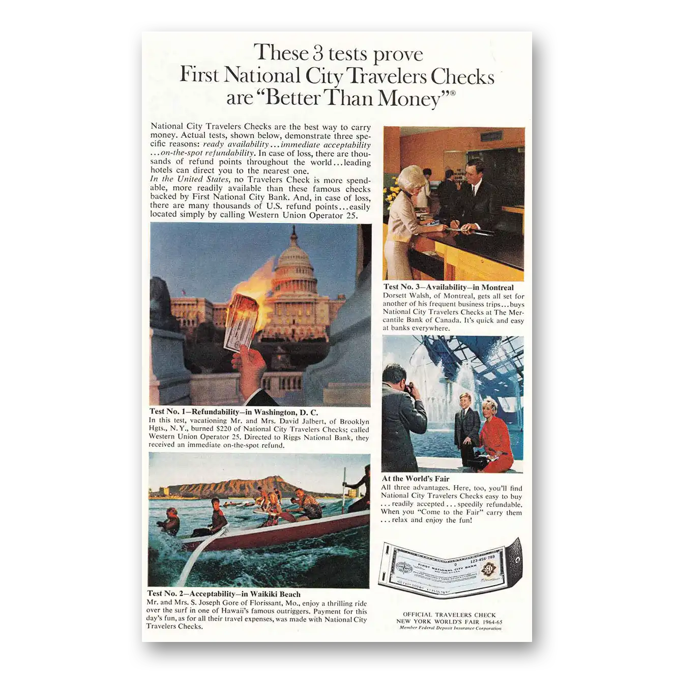 1964 First National City Bank Travelers Checks Washington Vintage Magazine Print Ad