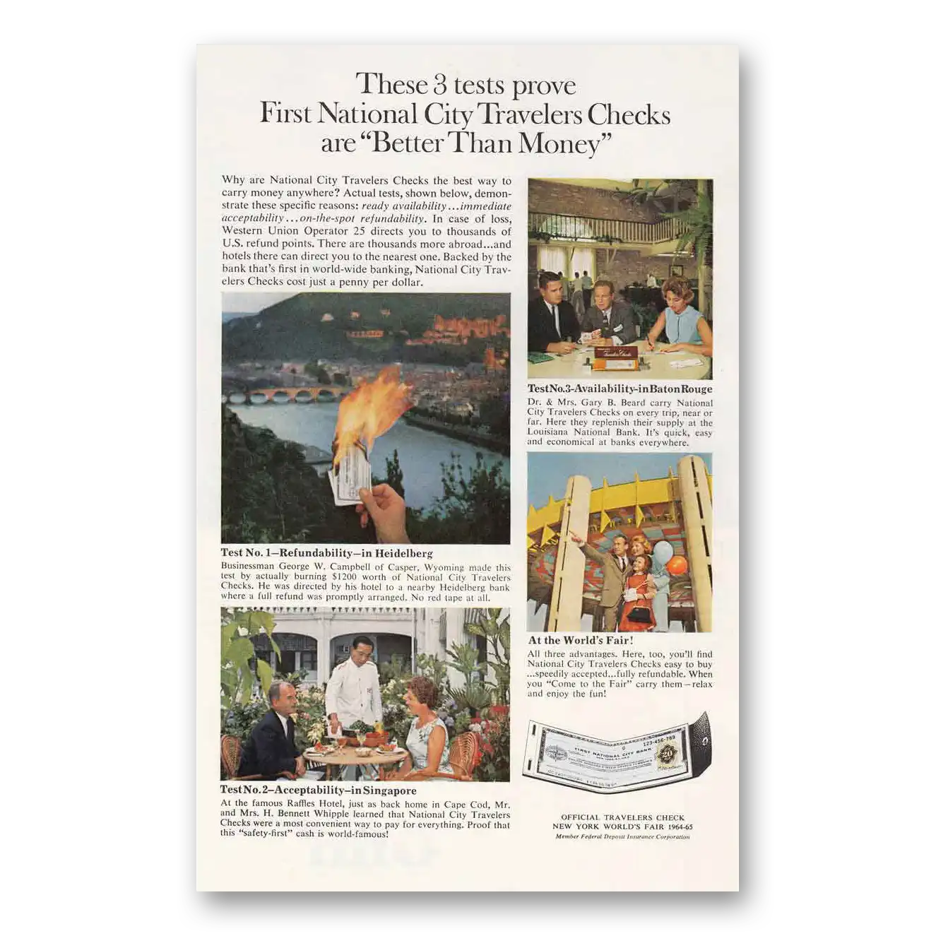 1964 First National City Bank Travelers Checks Heidelberg Vintage Magazine Print Ad