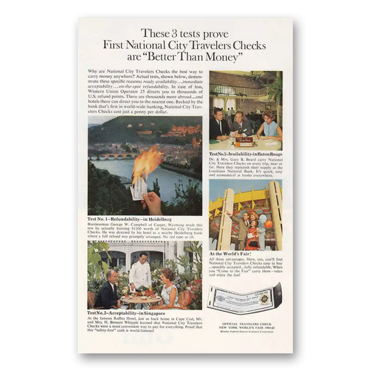 1964 First National City Bank Travelers Checks Heidelberg Vintage Magazine Print Ad