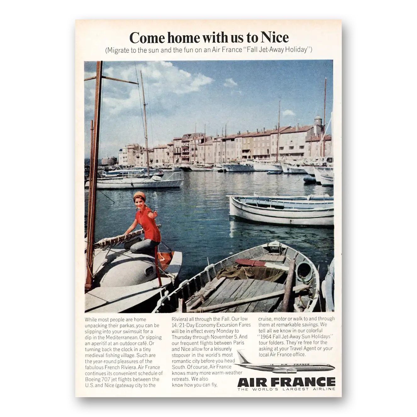 1964 Air France Come Home With Us to Nice Vintage Magazine Print Ad