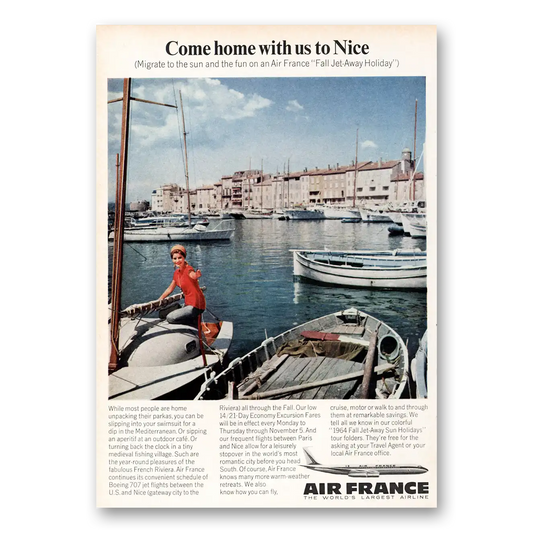 1964 Air France Come Home With Us to Nice Vintage Magazine Print Ad