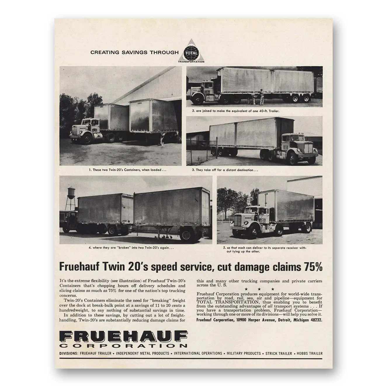 1964 Fruehauf Trailer Twin 20s Speed Service Vintage Magazine Print Ad