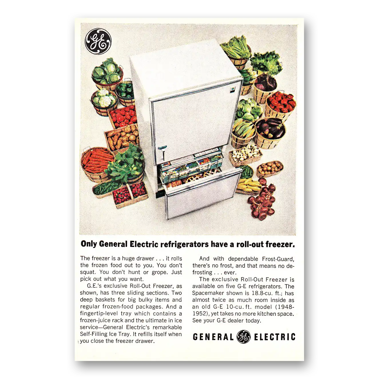 1964 General Electric Refrigerator Roll Out Freezer Vintage Magazine Print Ad