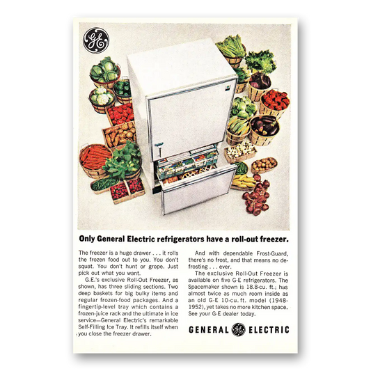 1964 General Electric Refrigerator Roll Out Freezer Vintage Magazine Print Ad