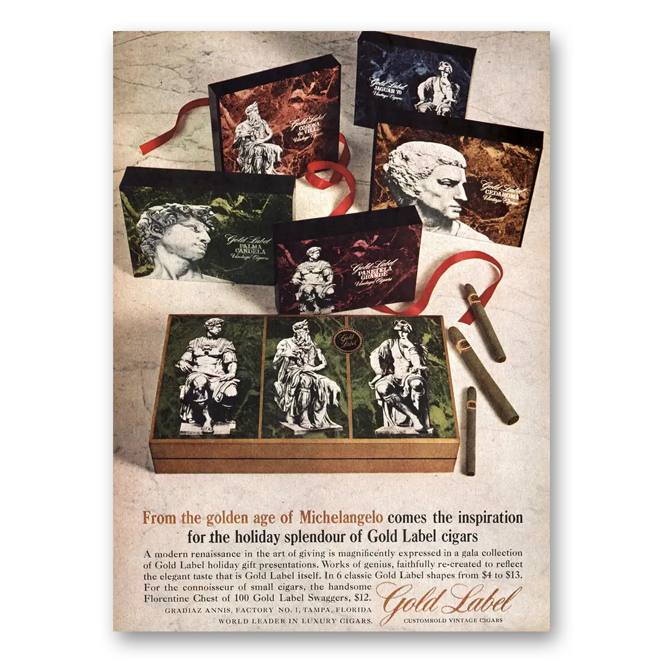 1964 Gold Label Cigars Golden Age of Michelangelo Vintage Magazine Print Ad