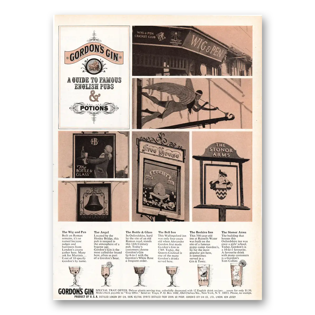 1964 Gordons Gin Guide to Famous English Pubs Vintage Magazine Print Ad