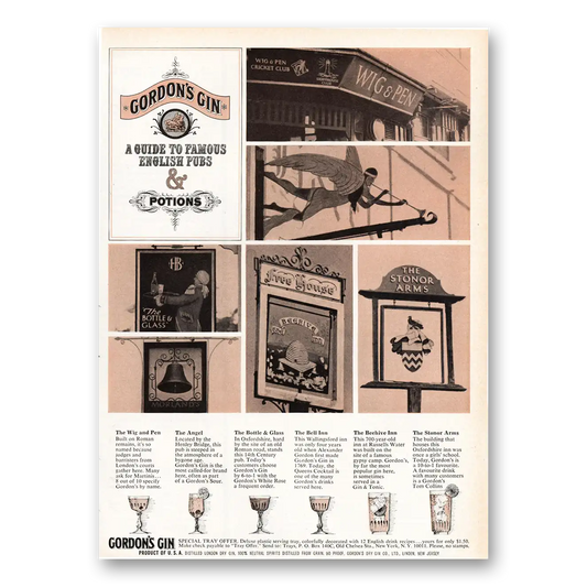 1964 Gordons Gin Guide to Famous English Pubs Vintage Magazine Print Ad