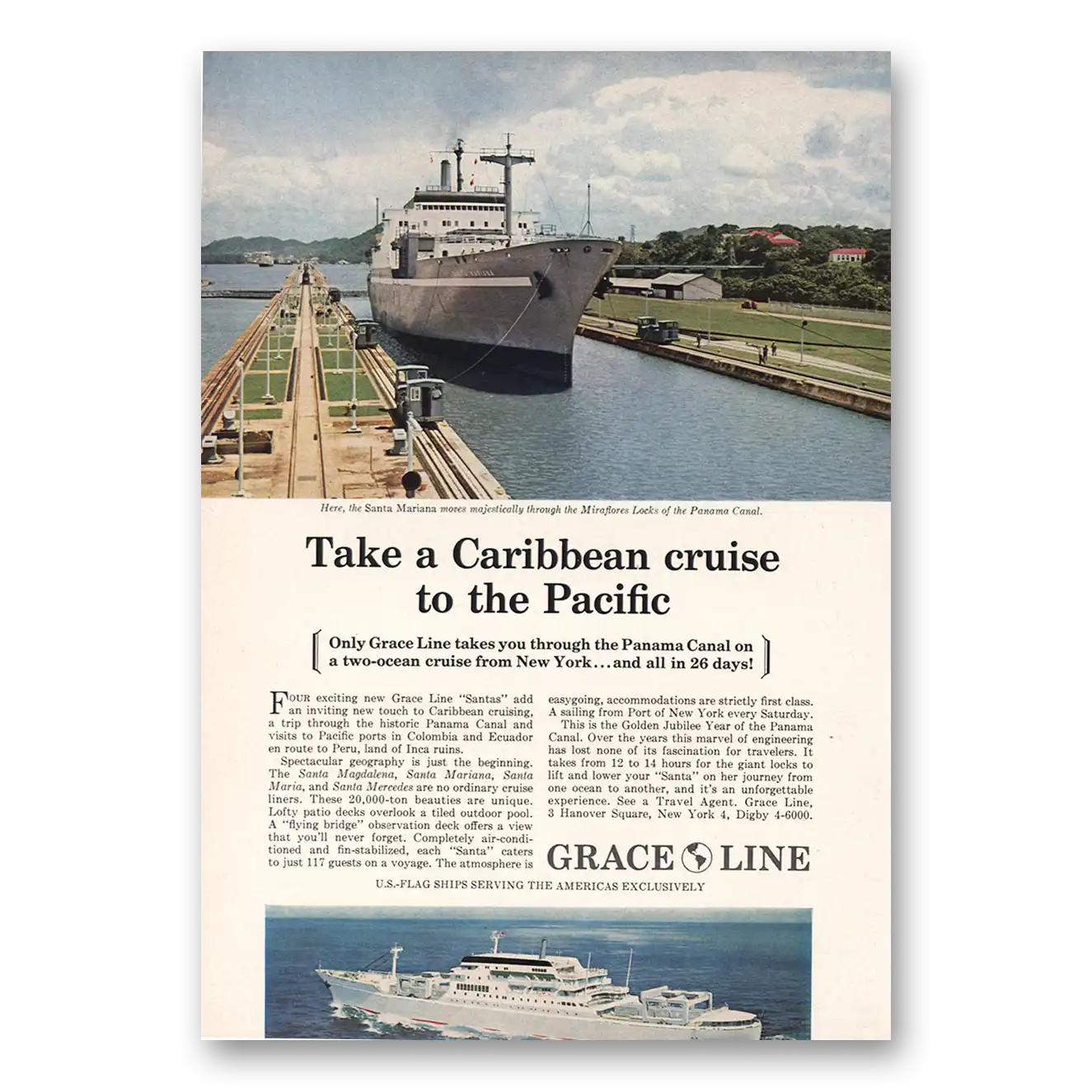 1964 Grace Line Caribbean Cruise to Pacific Vintage Magazine Print Ad