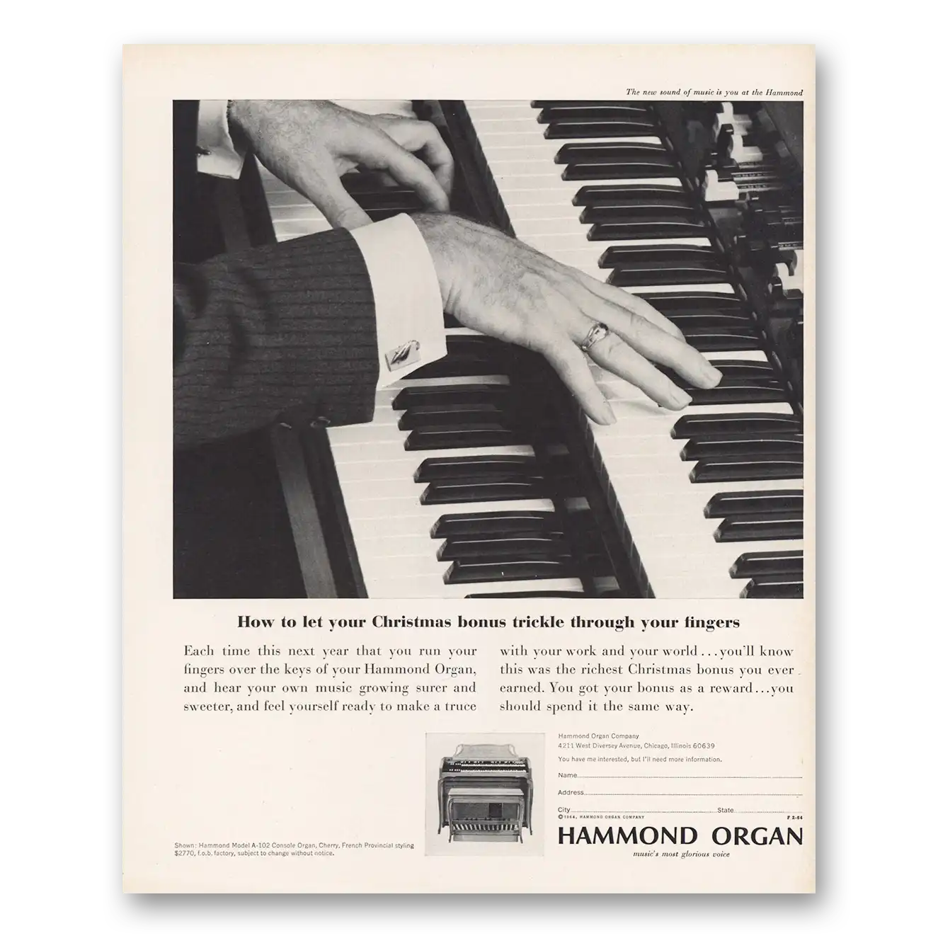 1964 Hammond Organ Christmas Bonus Trickle Through Fingers Vintage Magazine Print Ad