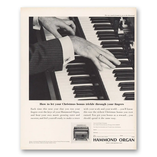 1964 Hammond Organ Christmas Bonus Trickle Through Fingers Vintage Magazine Print Ad