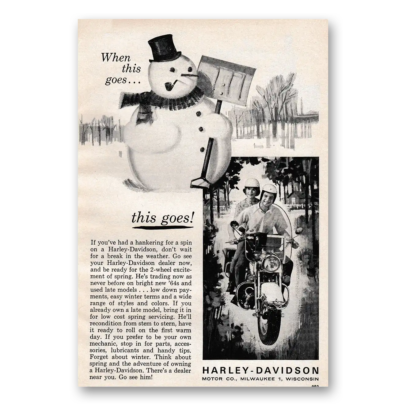 1964 Harley Davidson When This Goes This Goes Snowman Vintage Magazine Print Ad