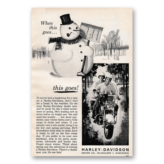 1964 Harley Davidson When This Goes This Goes Snowman Vintage Magazine Print Ad