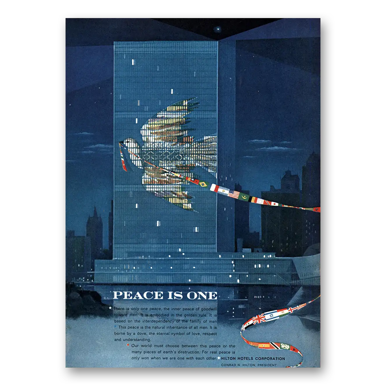 1964 Hilton Hotels Peace Is One Vintage Magazine Print Ad