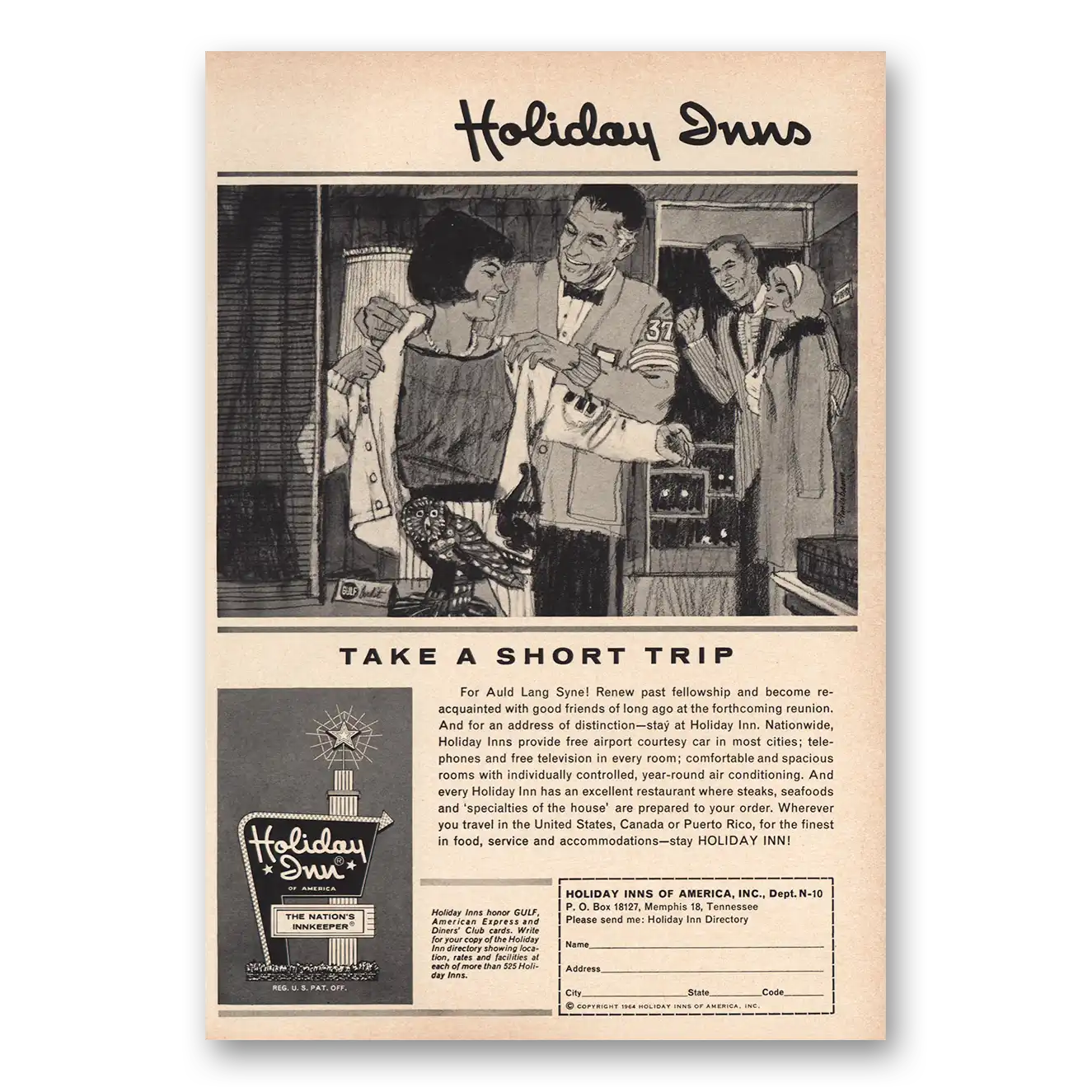 1964 Holiday Inn Take Short Trip Vintage Magazine Print Ad