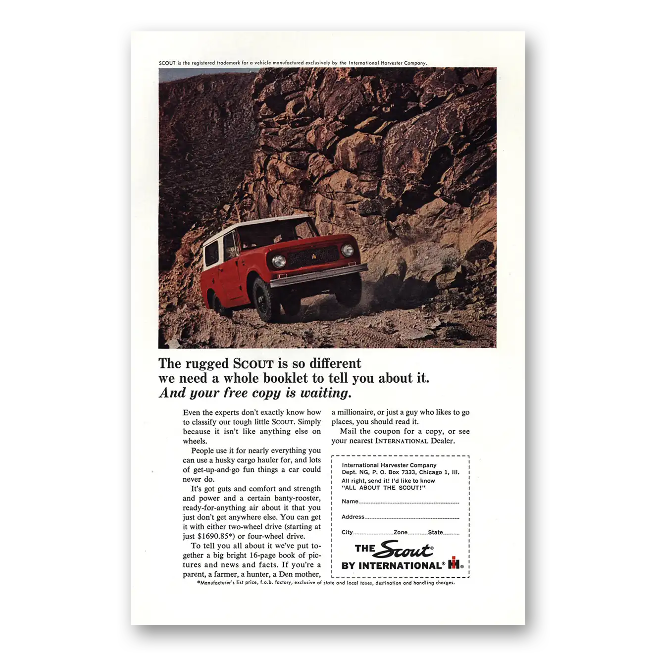 1964 International Harvester Scout Rugged So Different Vintage Magazine Print Ad